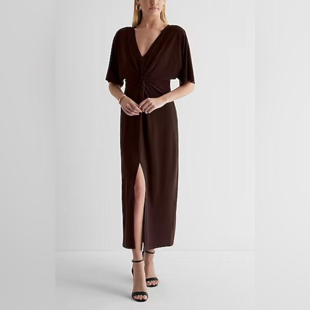 Chocolate brown v-neck twist front maxi dress - Picture 1 of 1